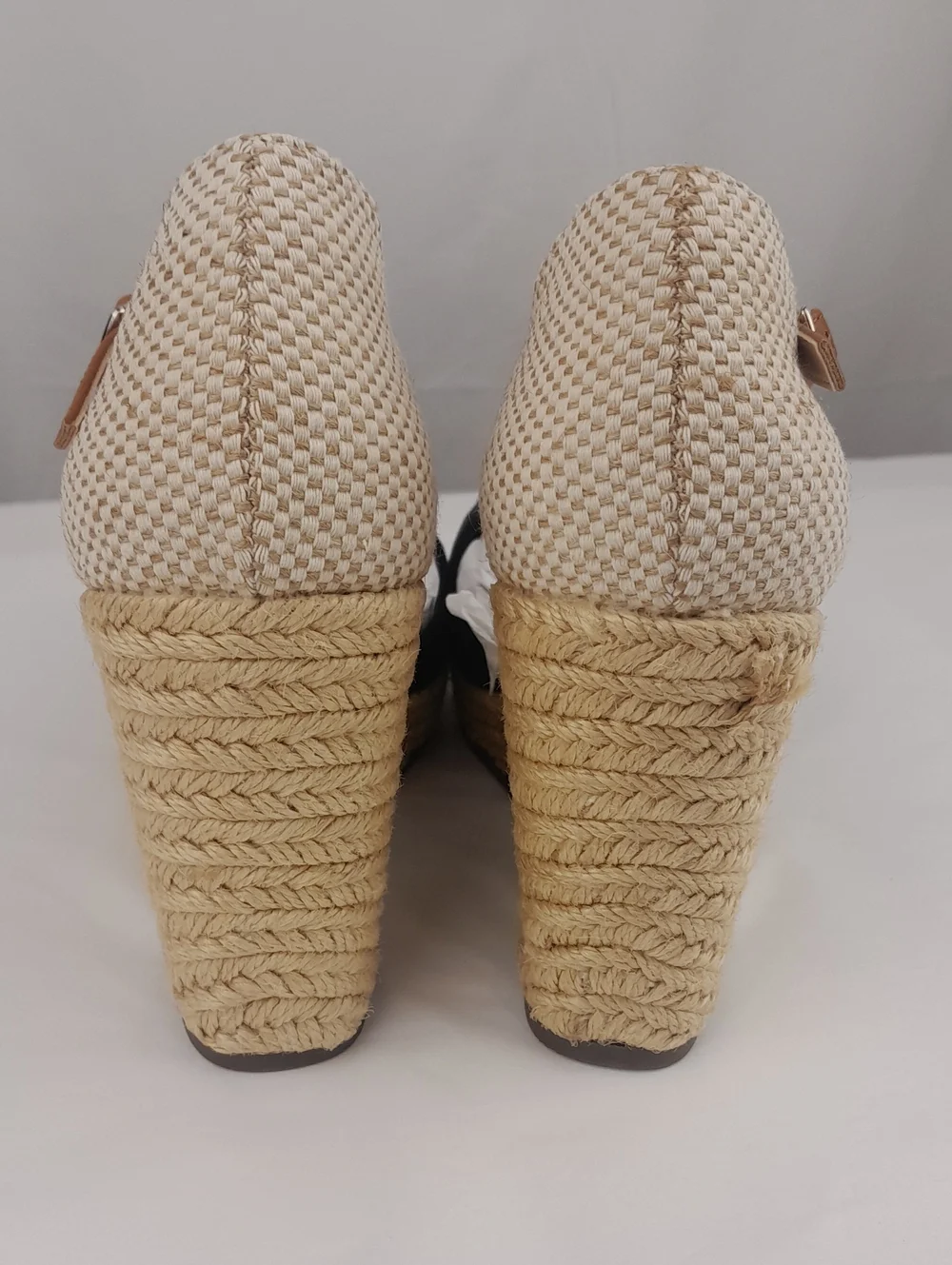 Fisace Espadrille Black Tan Closed Toe Strap Wedge Heels